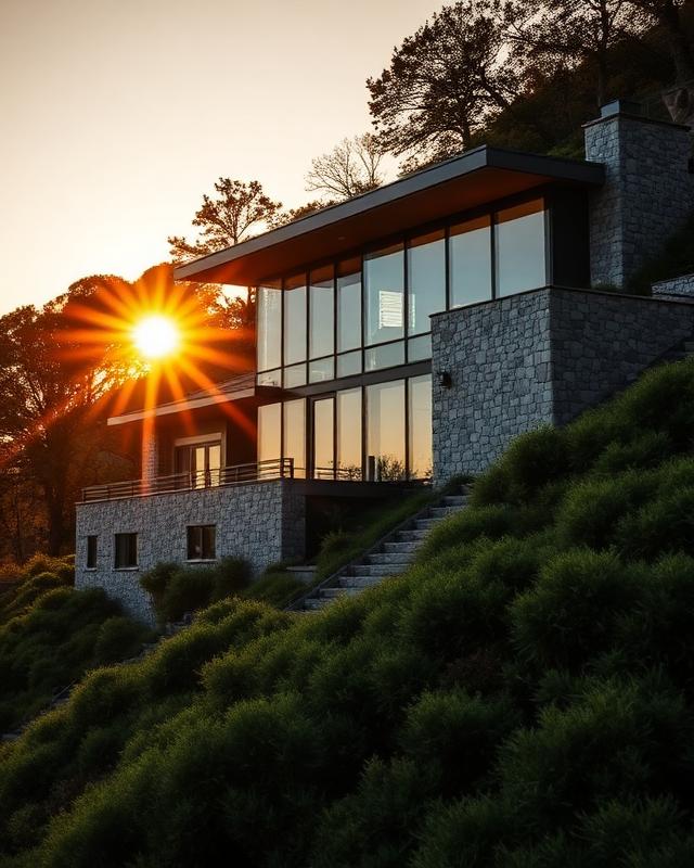 Hillside glass villa at golden hour