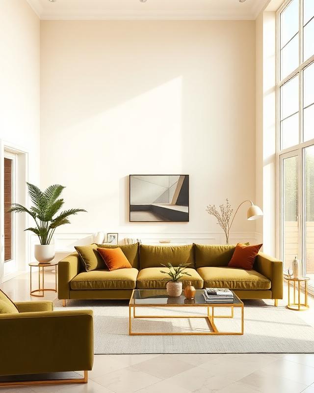 Cream living room with olive sofa