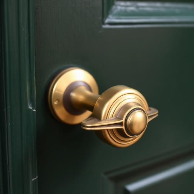 Brass handle on a green door