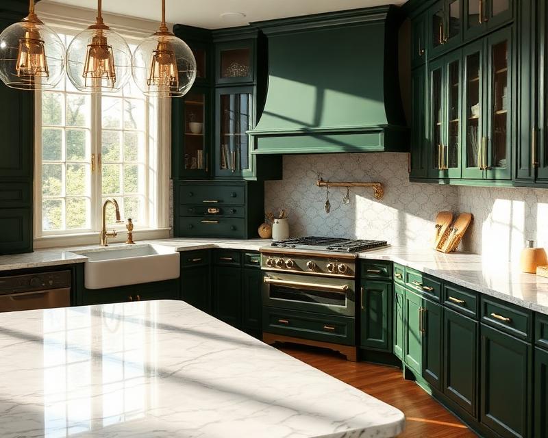 Green kitchen with marble island